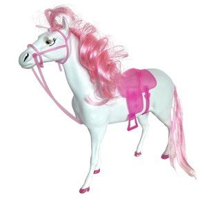 White Blow Mold Horse With Pink Hair Hooves Saddle Bridle 11in Tall